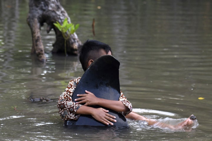 A child hugs the fin of a dead stranded whale.