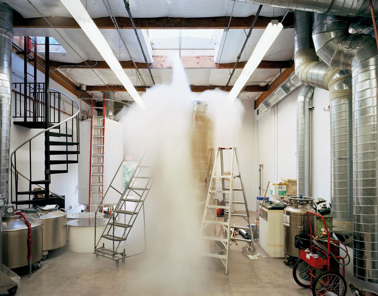 Patient Care Bay (Bigfoot dewar being filled with liquid nitrogen), Alcor Life Extension Foundation, Scottsdale, Arizona. October 2006. From The Prospect of Immortality by Murray Ballard, published by GOST, April 2016.