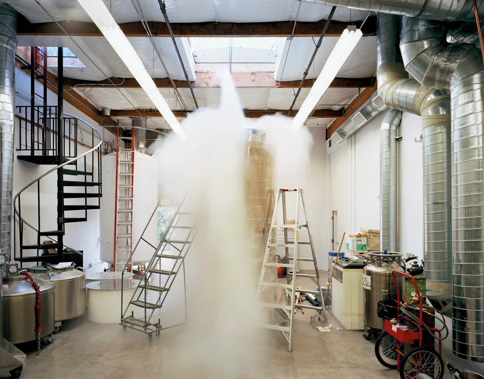 Patient Care Bay (Bigfoot dewar being filled with liquid nitrogen), Alcor Life Extension Foundation, Scottsdale, Arizona. Oct