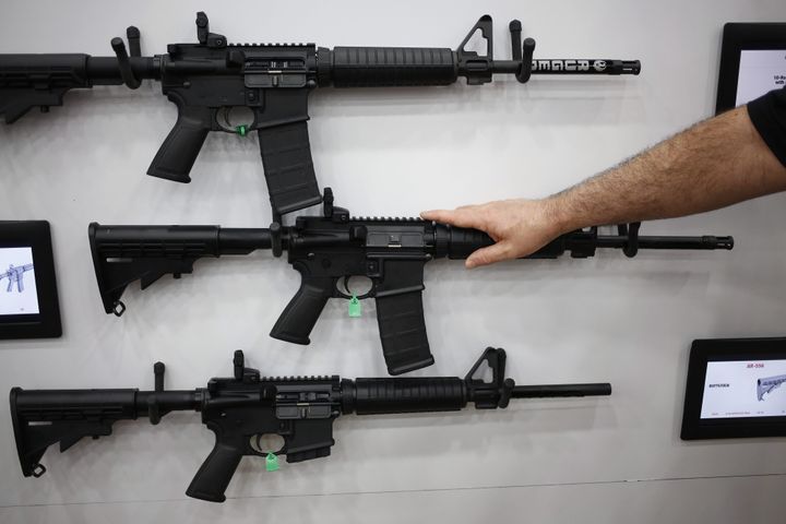 AR-15 rifles are displayed on the exhibit floor during the National Rifle Association annual meeting in Louisville, Kentucky, on May 20.