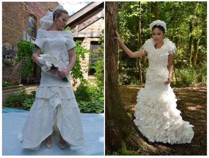 Two submissions are pictured; the dress on the left is second prize winner Judith Henry's design.