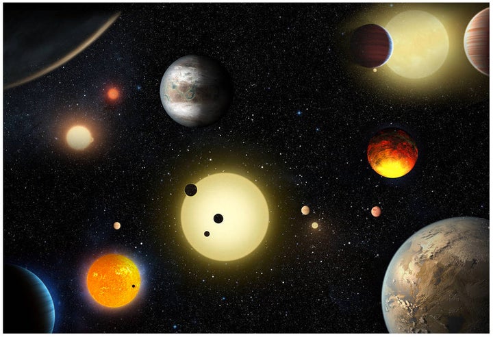 An artist's depiction of planetary discoveries by NASA's Kepler spacecraft, which searches for Earth-like planets. The Kepler