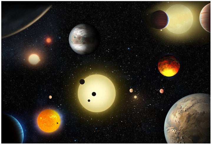 An artist's depiction of planetary discoveries by NASA's Kepler spacecraft, which searches for Earth-like planets. The Kepler telescope has discovered thousands of verified planets since it launched in 2009.