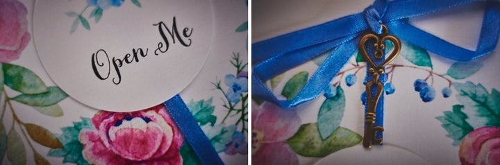 The wedding invites, complete with a tiny key!