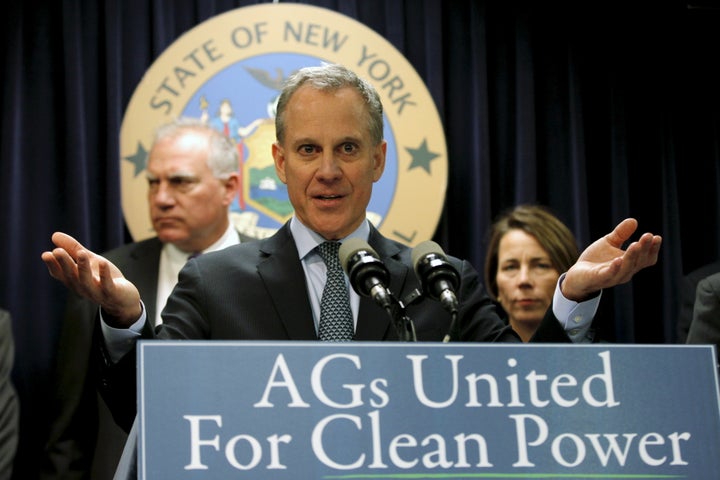 New York Attorney General Eric Schneiderman speaks at a news conference to announce a state-based effort to combat climate change, March 29, 2016.