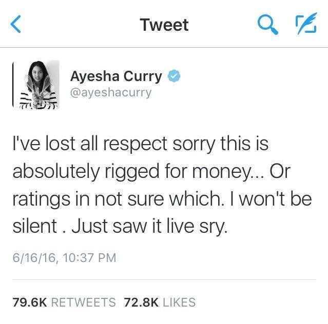 Ayesha Curry accuses NBA of being "rigged" after Game 6 of the 2016 NBA Finals.