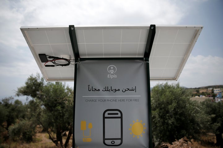 A solar powered charging station for mobile devices designed by a group of university students is seen at the municipality-run camp of Kara Tepe on the island of Lesbos, Greece, June 14, 2016. REUTERS/Alkis Konstantinidis