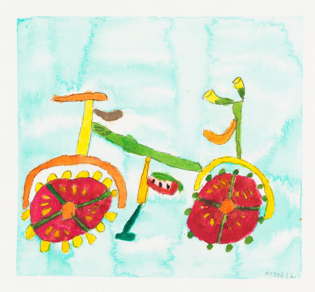 "This is my Bike for Food" by Melody Lima, circa 2006, Creativity Explored Licensing, LLC, watercolor on paper, 10 x 11 inches.
