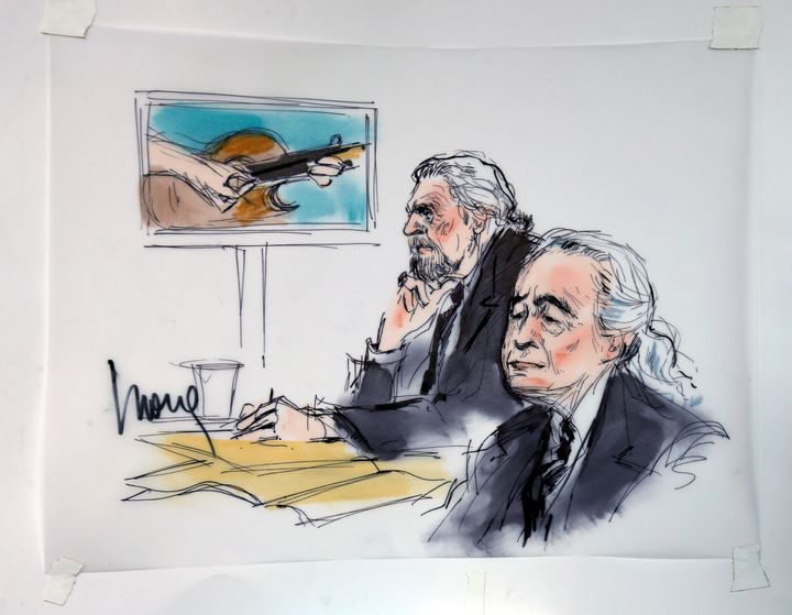 Led Zeppelin singer Robert Plant (L) and guitarist Jimmy Page are shown sitting in federal court for a hearing in a lawsuit involving their rock classic song "Stairway to Heaven" in this courtroom sketch in Los Angeles, California.