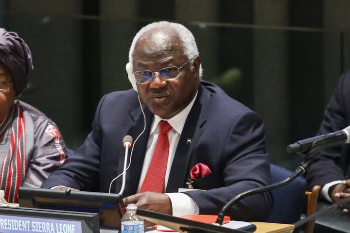 Sierra Leone's President Ernest Bai Koroma speaks to UN members during an International Ebola Recovery Conference.