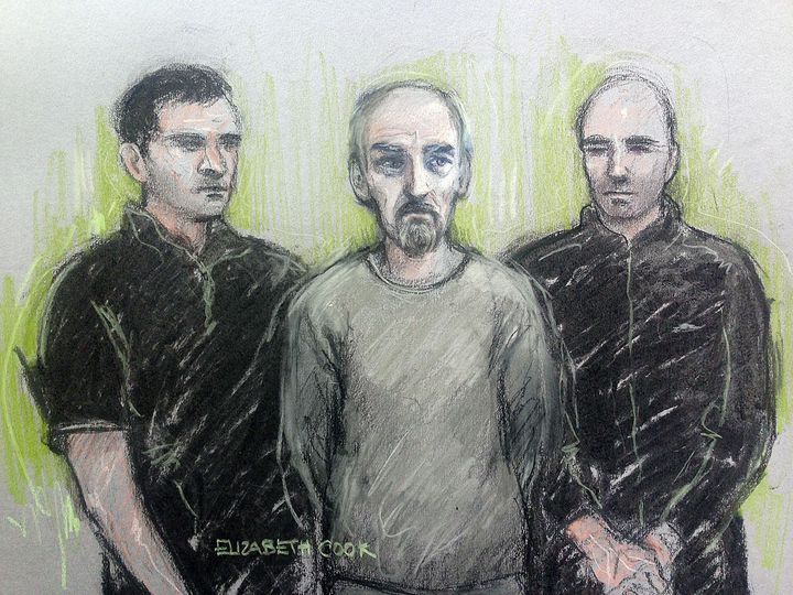 Court artist sketch of Thomas Mair (centre) at Westminster Magistrates' Court in London on Saturday.