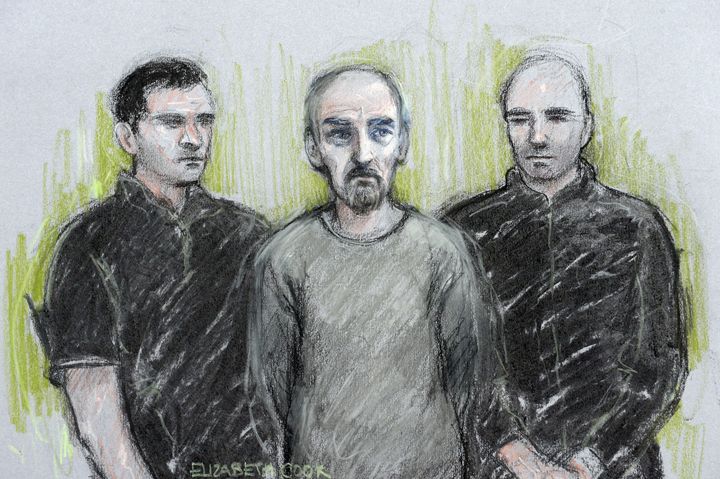 Court artist sketch of Thomas Mair (centre) at Westminster Magistrates' Court
