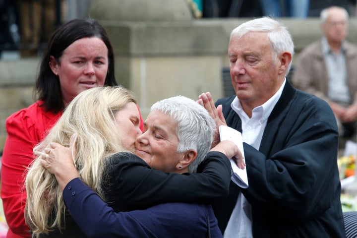 Kim Leadbeater hugs her mother, Jean Leadbeater