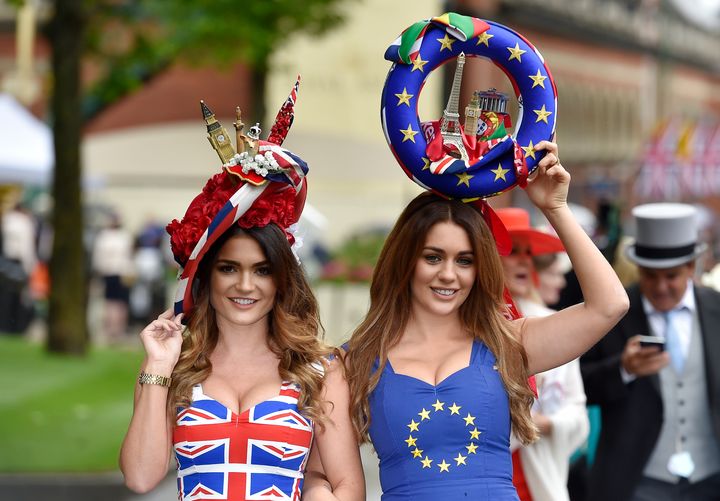 Racegoers in Britain and EU referendum themed dresses At Royal Ascot.