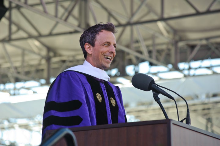 Seth Meyers delivers the keynote address at the Northwestern University commencement at Ryan Field on Friday in Evanston, Illinois.