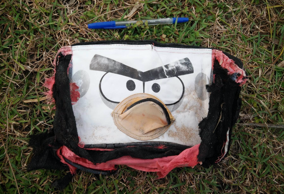 The objects photographed by Gibson include an 'Angry Birds' bag, pictured here with a pen for scale