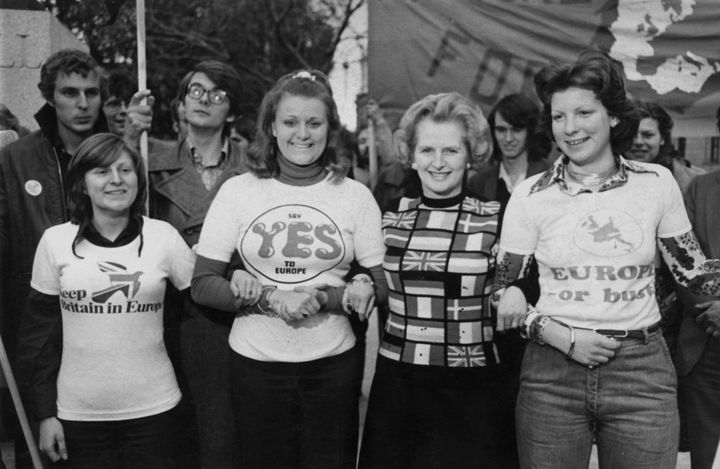 Margaret Thatcher lends her support to 'Keep Britain in Europe' campaigners in Parliament Square in June 1975.