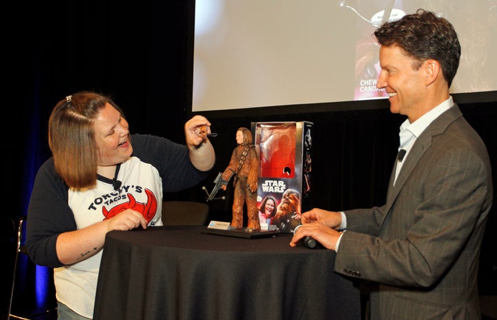 Hasbro CEO Brian Goldner presented the Texas mom with the toy which features her face as well as some of her catchphrases.