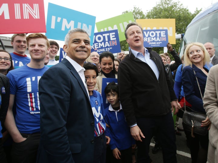 London Mayor Sadiq Khan of the Labour Party campaigns against Brexit alongside Conservative Prime Minister David Cameron. Labour values EU social protections.