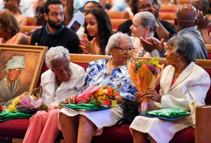 Ruth Chatman Hammett, Gladys Ware Butler and Bernice Grimes Underwood at their 100th birthday celebration on Saturday.