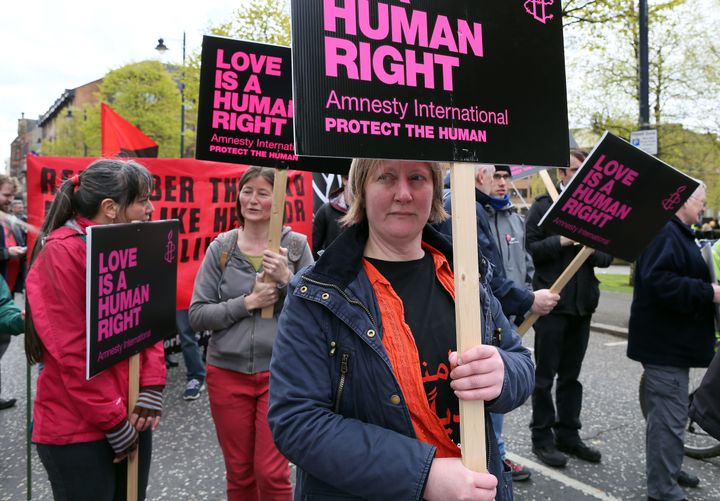<strong>Pro-choice campaigners take part in a demonstration through Belfast city centre in April 2016</strong>