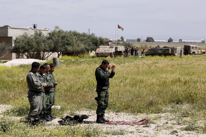 Jordanian army members near the Jordanian-Syrian free zone, close to the main Jaber border crossing in the city of Mafra