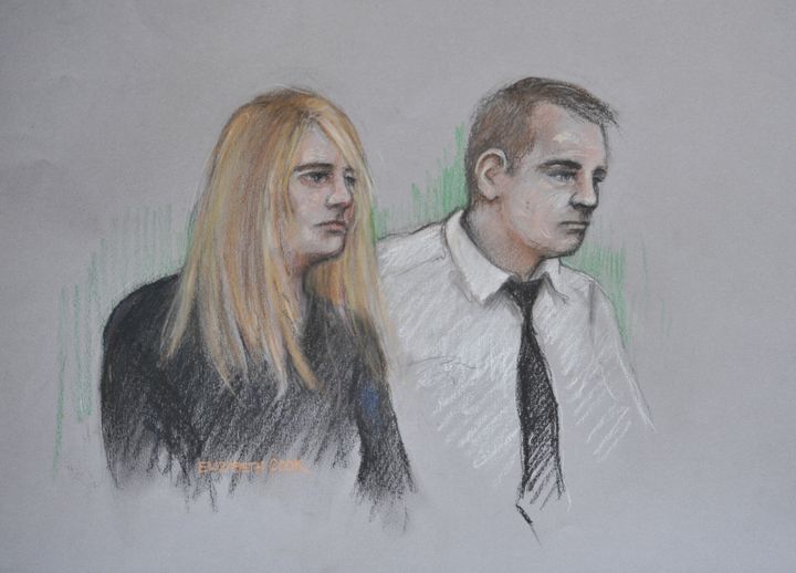 Court artist sketch of Jennie Gray and Ben Butler in the dock at the Old Bailey in London