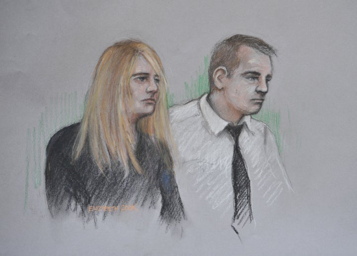 Court artist sketch of Jennie Gray and Ben Butler in the dock at the Old Bailey in London