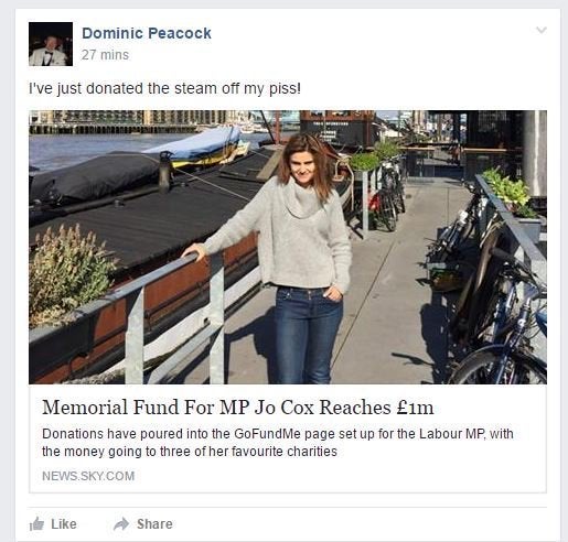 The offensive post from Cllr Dominic Peacock