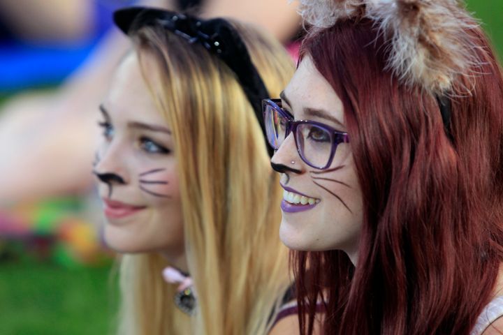 Sophia Bloss and Glenna Clegg of Roseville, Minnesota, painted their faces to attend the 4th annual Internet Cat Video Festival in 2014.