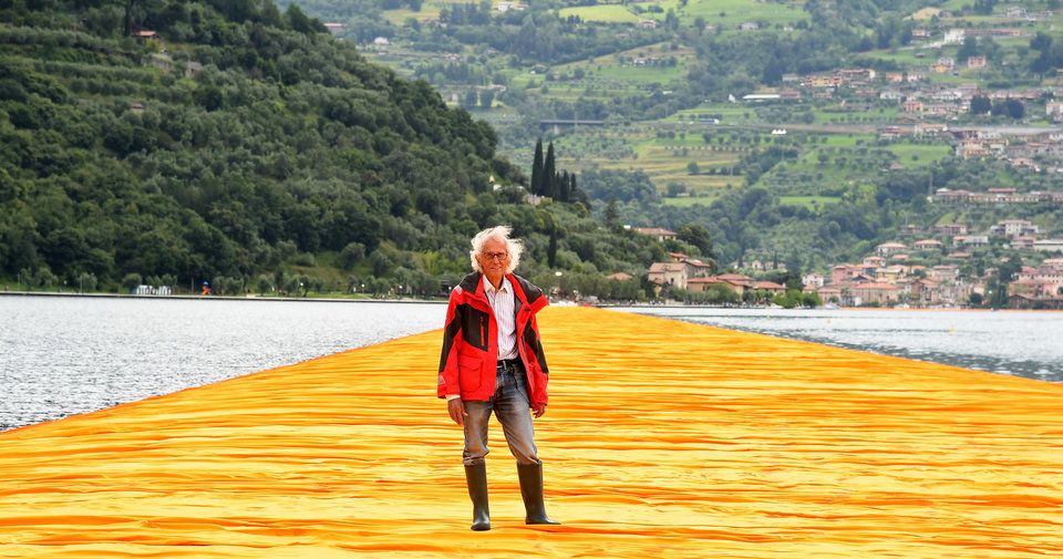 Artist Christo attends the presentation of his installation the "The Floating Piers" on Jun. 16, 2016, in Sulzano, Italy.