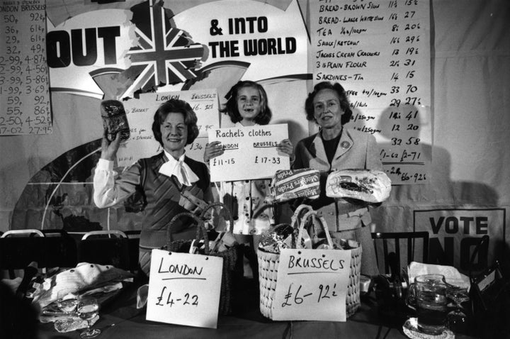 "Out" campaigners in May 1975. In the end, 67 percent of British voters chose to stay in the European Economic Community, the precursor to the EU.