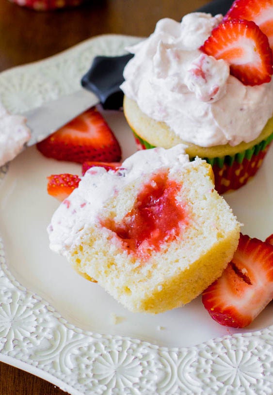 Surprise Strawberry Shortcake Cupcakes recipe. from Sally's Baking Add...