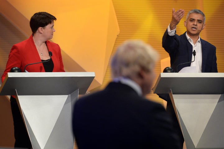 Scottish Conservative leader Ruth Davidson, left, looks on as London Mayor Sadiq Khan clashes with Boris Johnson, the main leader of the Leave campaign, during the EU debate at Wembley Arena on Tuesday.