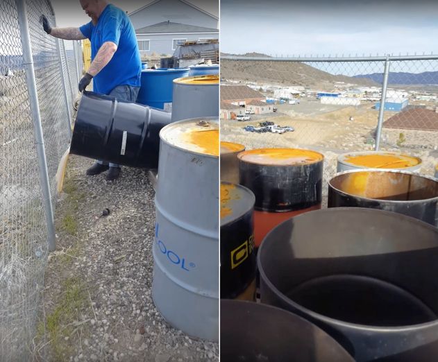 A video shows men dumping what they describe as chemical waste. They say the task is part of their job. 