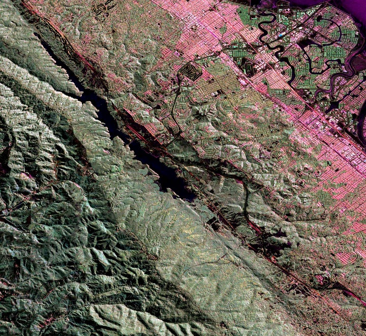 An Uninhabited Aerial Vehicle Synthetic Aperture Radar image of the San Andreas fault in the San Francisco Bay area just west of San Mateo and Foster City is shown in this image released by NASA, June 17, 2009.