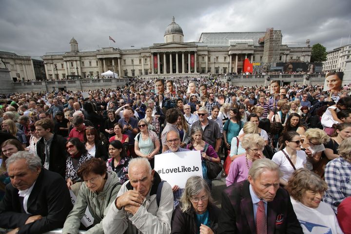The crowd wait for the start of the rally in Trafalgar Square.