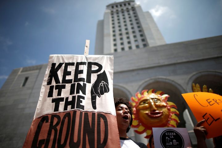 A protest against fracking and neighborhood oil drilling in Los Angeles on May 14, 2016.