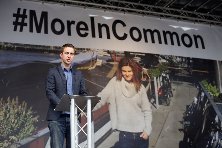 Brendan Cox, widower of Jo Cox addresses the rally in Trafalgar Square.