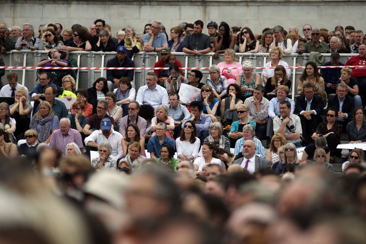 The crowd listens as Brendan Cox, widower of Jo Cox addresses the rally in Trafalgar Square