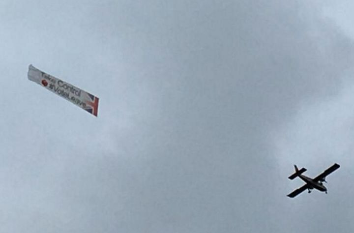 One of the planes was pictured flying a banner reading '#VoteLeave' over the Cox memorial