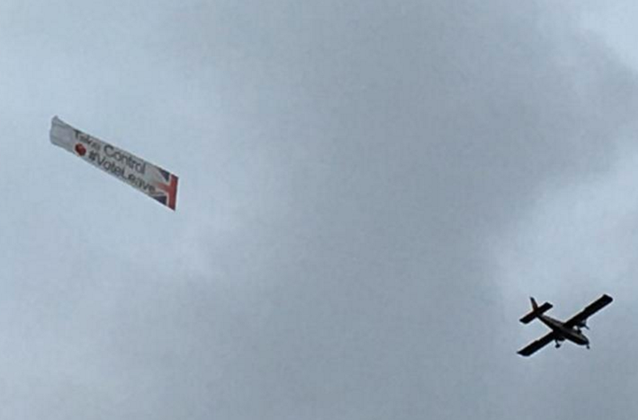 One of the planes was pictured flying a banner reading '#VoteLeave' over the Cox memorial