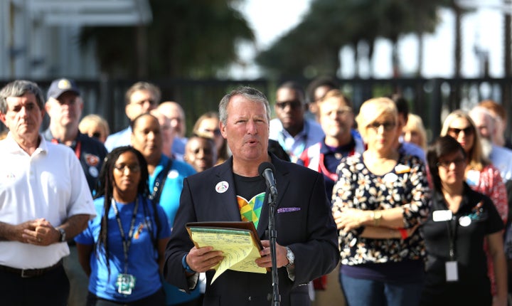 Orlando mayor Buddy Dyer delivers remarks during a press conference at Camping World Stadium, Friday, June 17, 2016 in Orlando. The mayor was joined by various charity and community agency workers and executives to update the public on assistance being offered to those affected by the Pulse massacre.