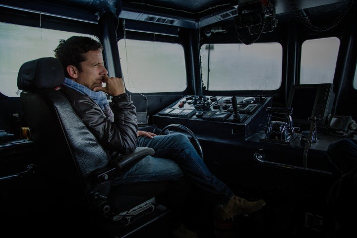 Actor and activist Ross McCall on board Sea Shepherd's MV Bridgitte Bardot, at the Faroe Islands in 2015. The islands are located halfway between Scotland and Iceland.