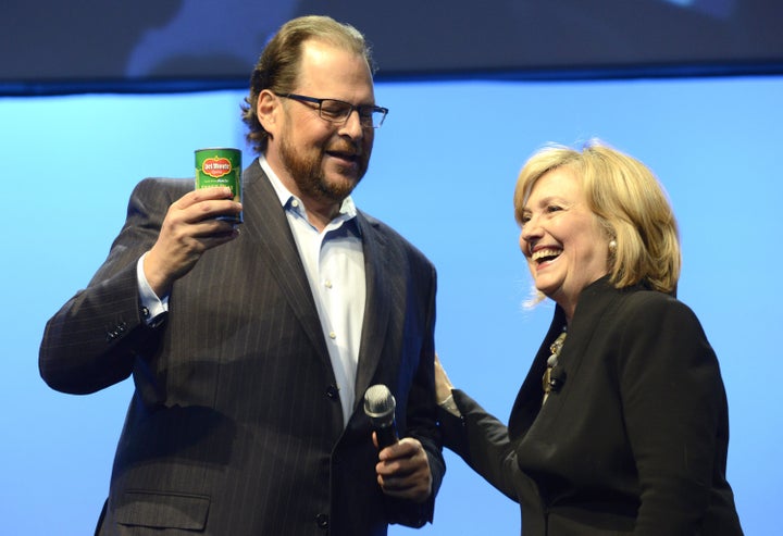 Salesforce chairman and chief executive Marc Benioff, seen here with Hillary Clinton in 2014 at his company's Dreamforce conf