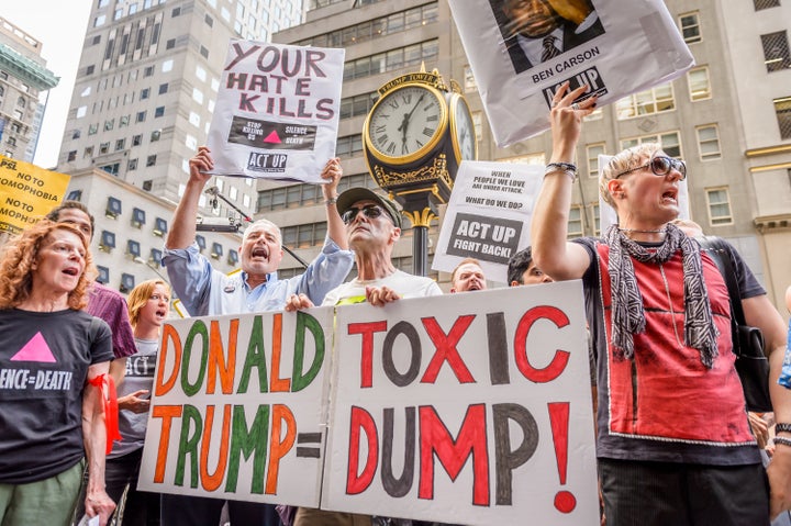 People protest in front of Trump tower in New York City against the presumptive Republican presidential nominee's use of the recent massacre at a gay bar in Orlando to polarize Americans.