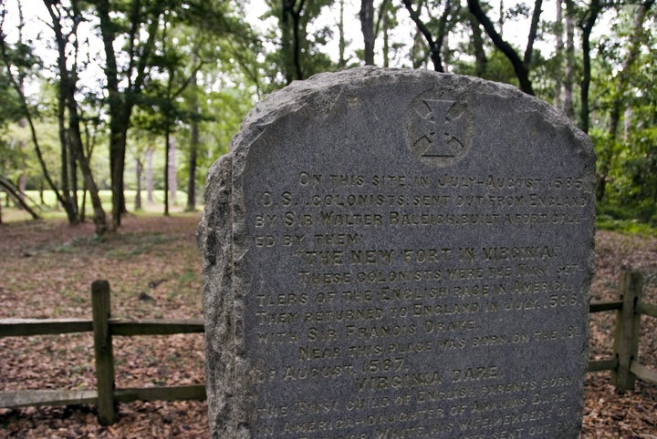 A stone marker is seen at the site of the so-called Lost Colony of Roanoke in present-day North Carolina.