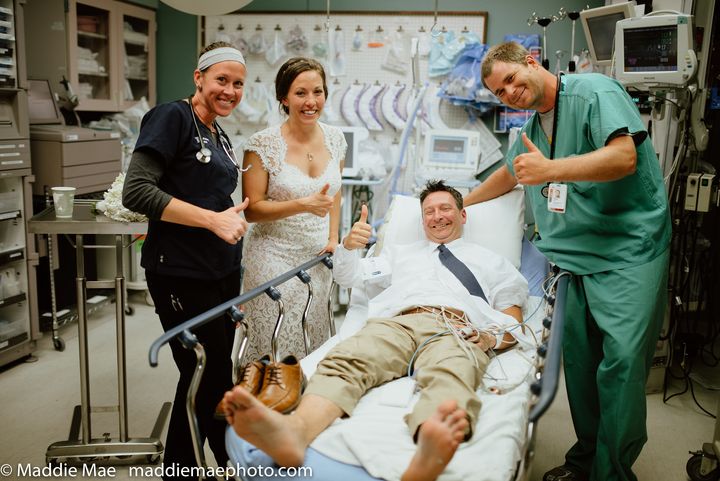 The newlyweds spent part of their wedding night at the hospital, but then made it to the reception.