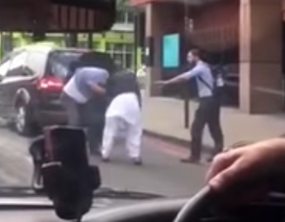 It was filmed by passengers in a nearby black cab who witnessed the scrap from their vehicle