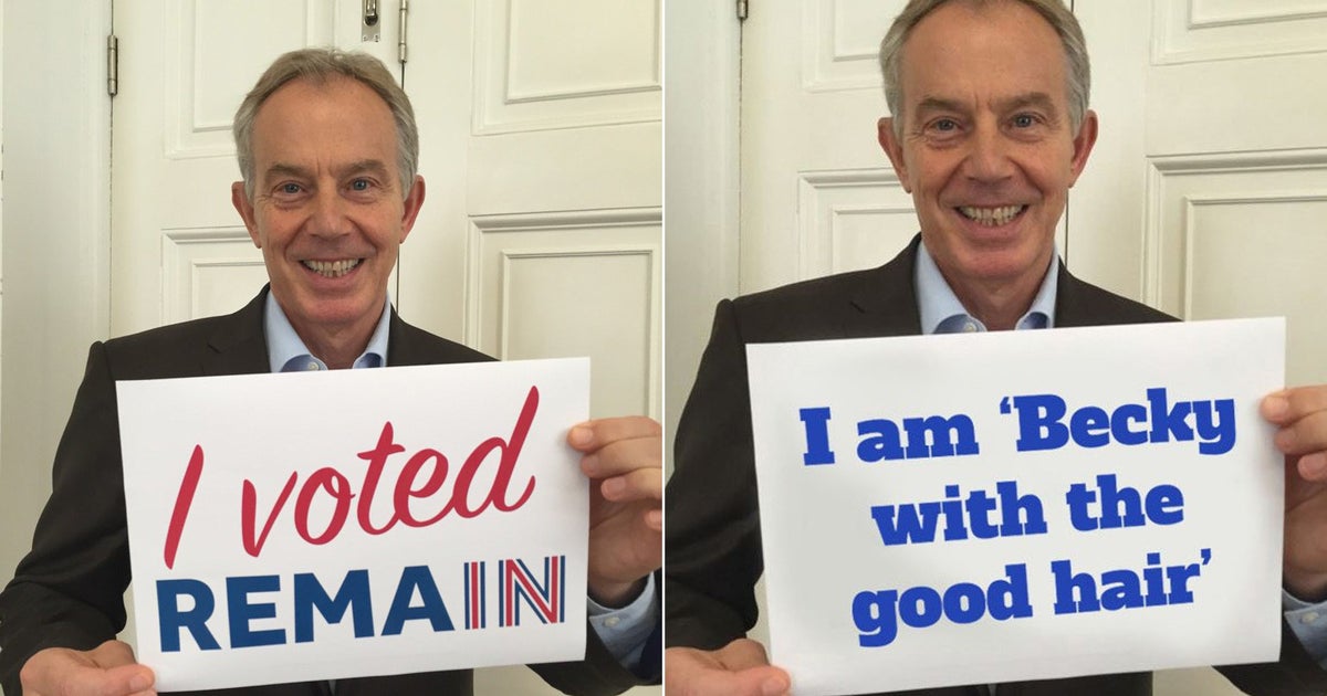 Tony Blair Holds Sign After Casting EU Referendum Vote And Twitter